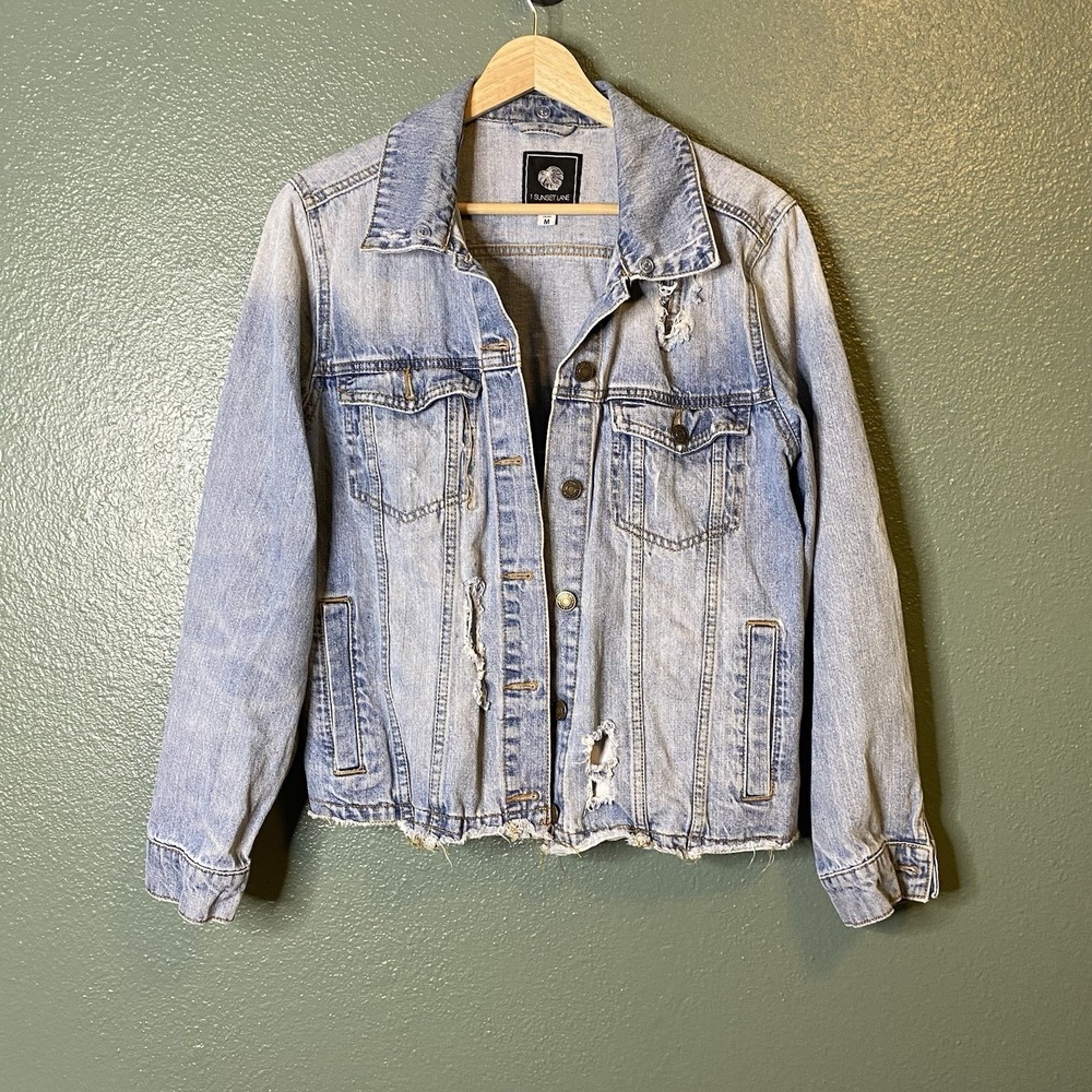1 Sunset Lane Women's Blue Denim Jean Jacket Distressed Size Medium